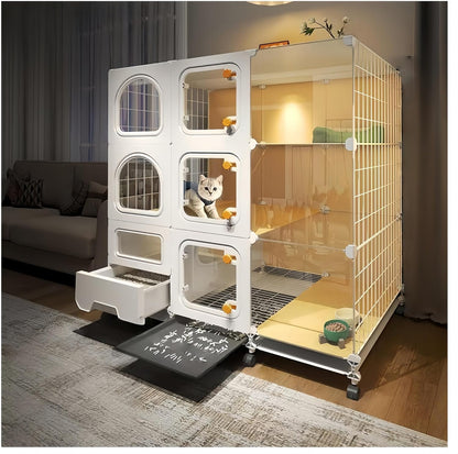 cat cage Indoor with Litter Box, Complimentary Cat Bed, Bowl,Cleaning Three Piece Set,Large cat Enclosure, Cat House with Wheels Outdoor，Small Animal cat Kennel (41.8″(L) x18.1″(W) x46.1″(H))