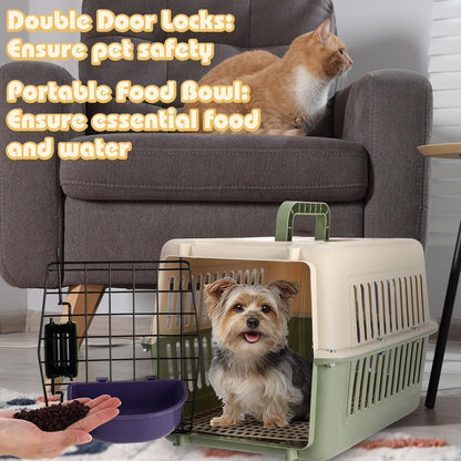 2 Set Travel Pet Carrier Small Plastic Hard Cat Dog Carrier with Bowl Wire Door and Grille Mat Breathable Portable Puppy Kennel for Walking Camping Veterinary Visits (Green White)