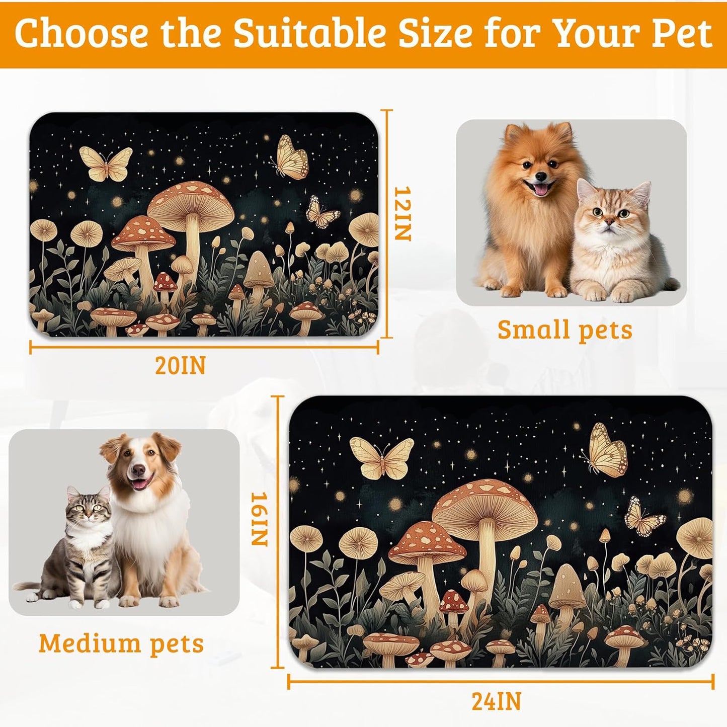 Fantasy Mushroom Dog Cat Food Mat,Butterfly Stars Absorbent Waterproof Placemat for Food and Water Non Slip Rubber Backing Durable Feeding Pad for Clean Floors 16" x 24"
