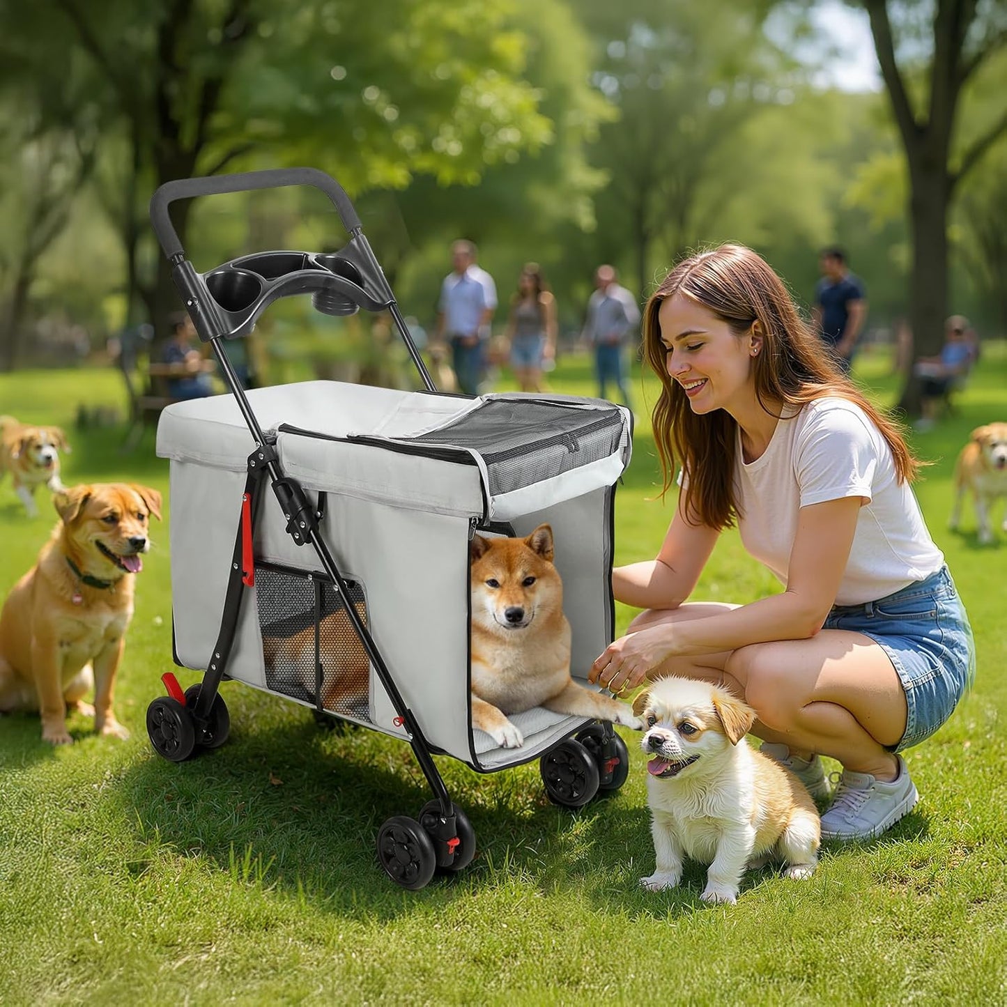 Dog Stroller with 360-Degree Wheels, Foldable Pet Cart for Small/Medium Dogs, 5 Ventilation Windows, Removable Tray, Outdoor Travel Pet Carrier
