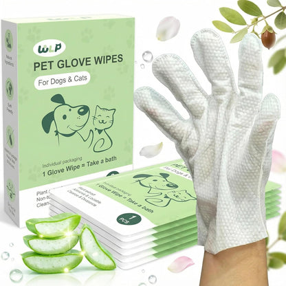 WLP Pet Glove Wipes for Dogs & Cats, Individually Wrapped Cleaning Deodorizing Hypoallergenic Hydrating Grooming Wipes, Enriched with Aloe & Jojoba Oil for Daily Care, Traveling (6 PCS)