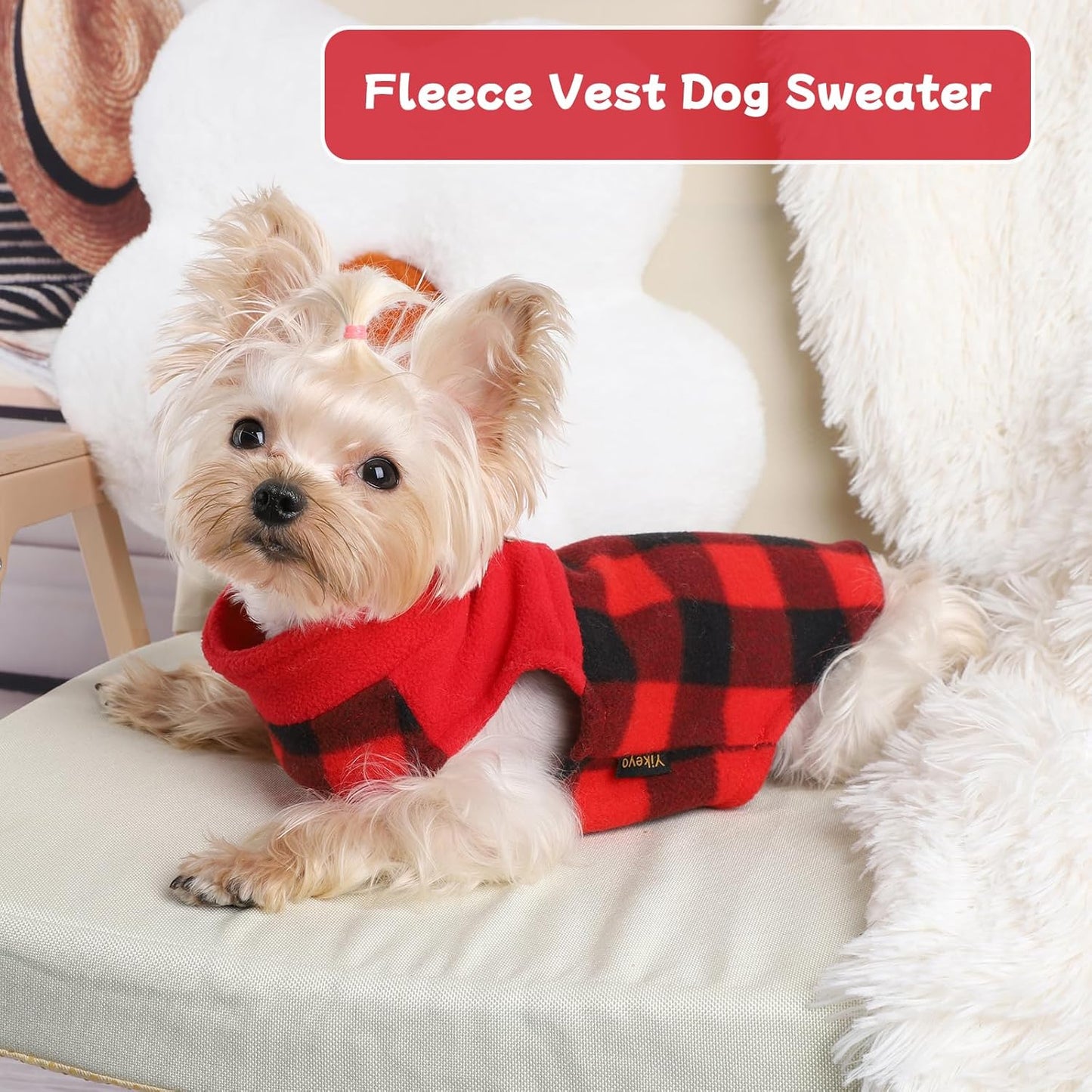 DaFuEn Fleece Dog Sweater, Dog Fleece Vest Winter Coat for Boy Girl, Pet Clothes Pullover, Soft Stretchy Puppy Sweater, Yorkie Teacup Chihuahua Jacket (Red Plaid, XS)