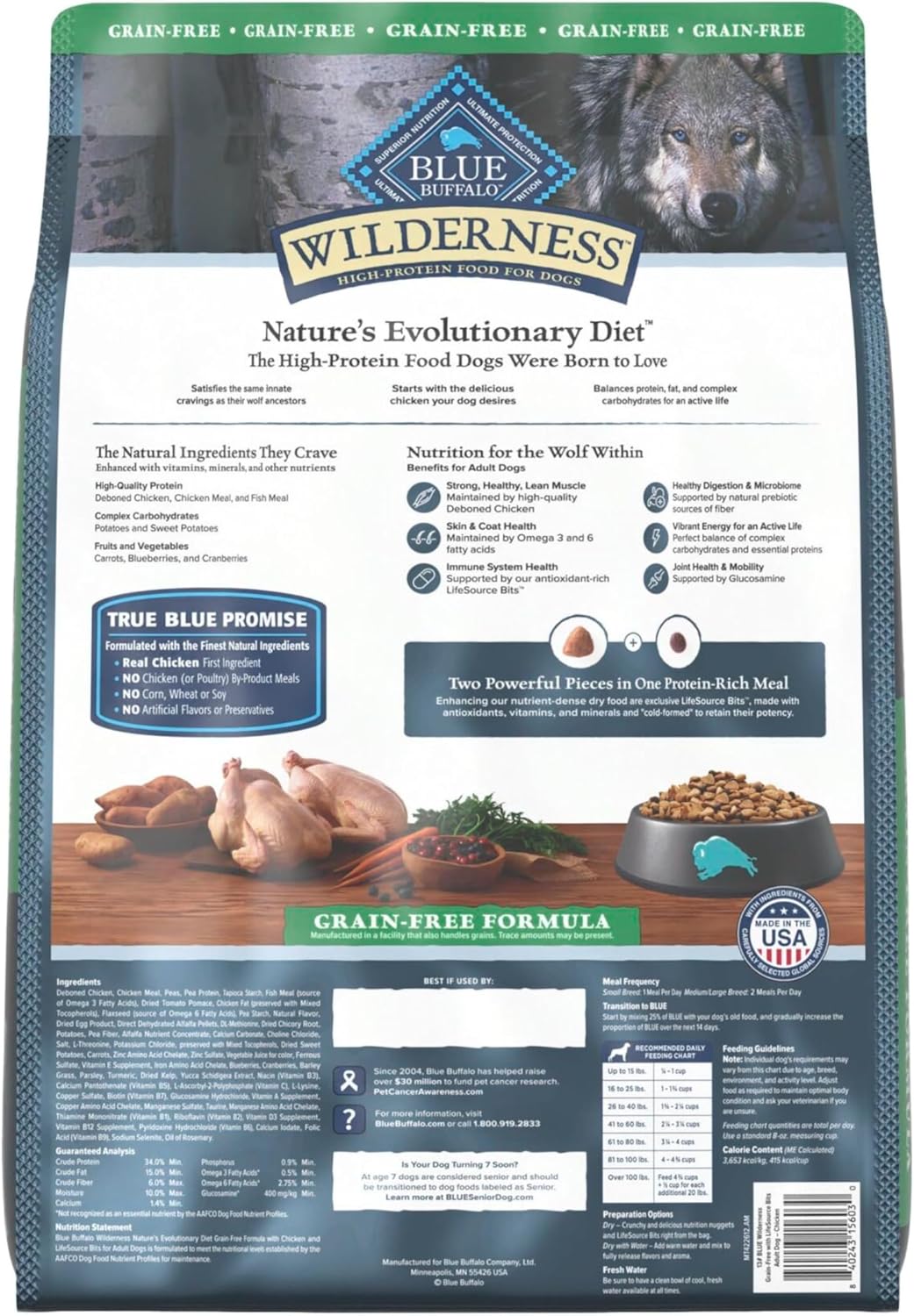 Blue Buffalo Wilderness Adult High-Protein Dry Dog Food with Real Chicken, Grain-Free, Made in The USA with Natural Ingredients, Chicken, 13-lb. Bag