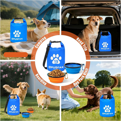 Zip Roll Top Pet Food Storage Bag with Travel Bowl(96 Cup) - Dog Food Travel Bag Waterproof Kibble Container for Camping Road Trips Dog Boarding Weekend Getaways Machine Washable 15L Blue