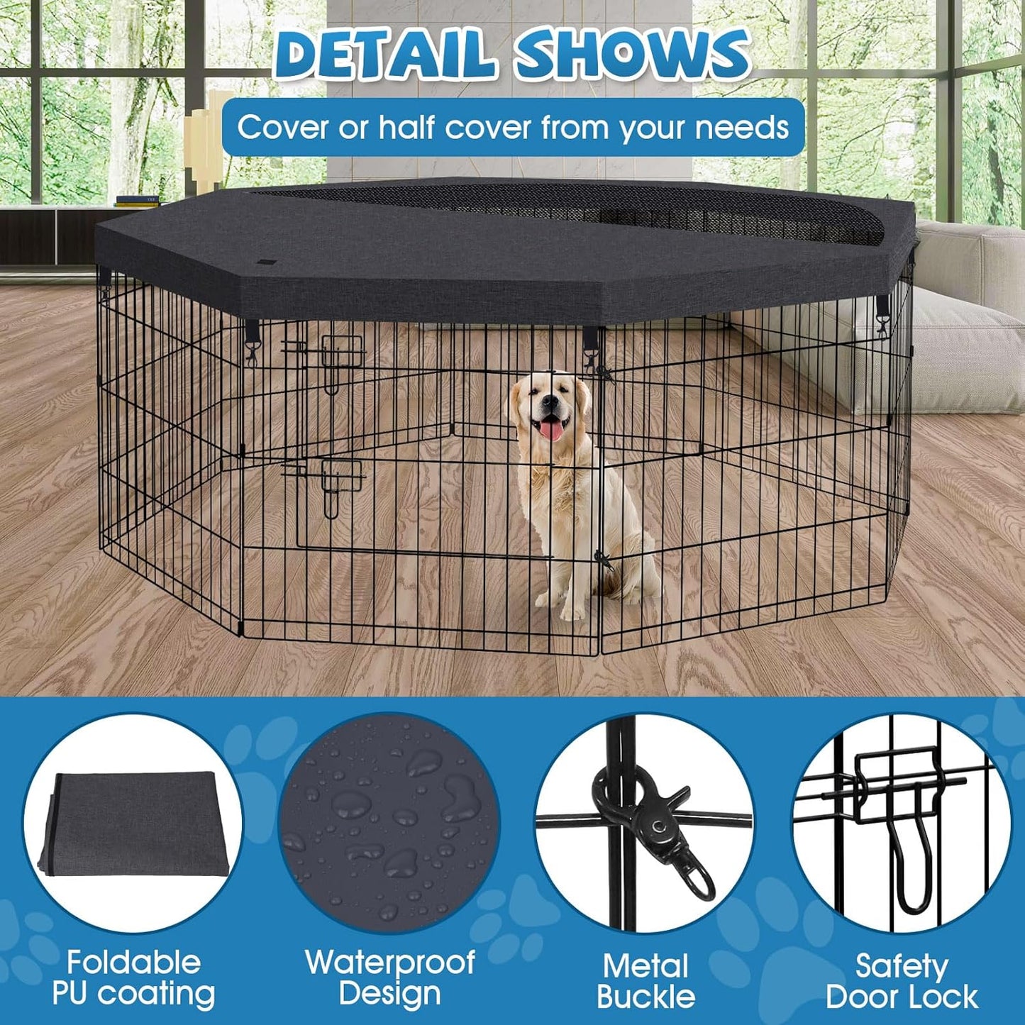 Dog Pen Pet Playpen Dog Fence Indoor Foldable Metal Wire Exercise Puppy Play Yard Pet Enclosure Indoor Outdoor 8 Panels 24 Inch with Bottom Pad/Top Cover (Black with top Cover)