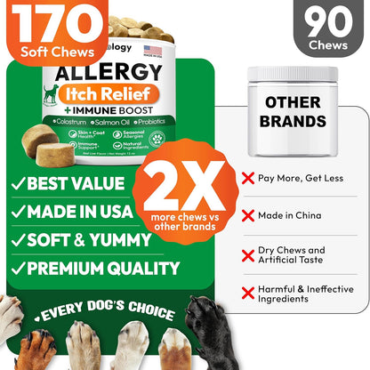 Dog Allergy Relief Chews - 170 Dog Allergy Chews - Itch Relief for Dogs - Omega 3 Fish Oil, Probiotics For Itchy Skin & Hot Spots Allergies, Paw Licking, Dry Skin & Coat Supplement - Beef Liver Flavor