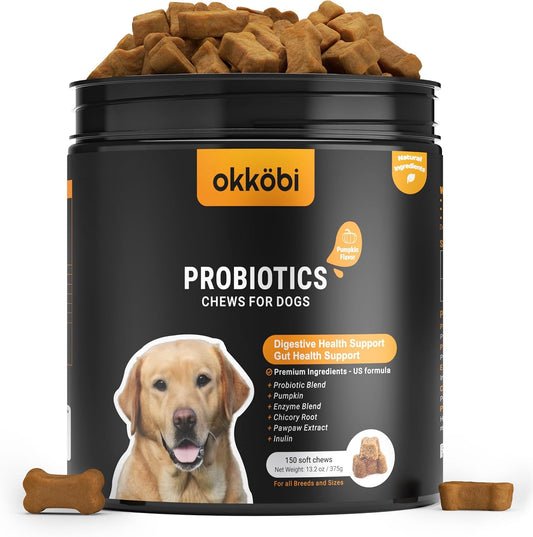 Probiotics for Dogs Chews 150PCs - Digestive, Gut Health & Diarrhea Support - Probiotic Chews for Dogs - Vet Approved US Formula with Dog Probiotics, Enzymes & Natural Ingredients - Pumpkin