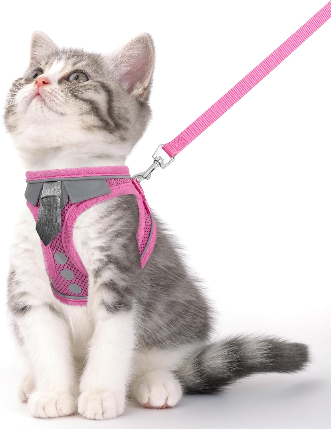 Cat Harness and Leash Set for Walking Escape Proof, Soft Adjustable Kitten Harness Breathable Mesh with Reflective Strips Harness for Kitty Puppy Bunny(Pink,XS)