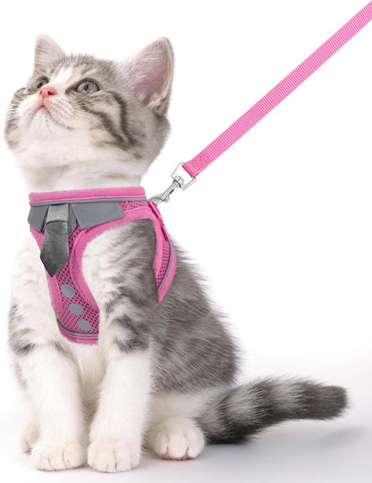 Cat Harness and Leash Set for Walking Escape Proof, Soft Adjustable Kitten Harness Breathable Mesh with Reflective Strips Harness for Kitty Puppy Bunny(Pink,XS)