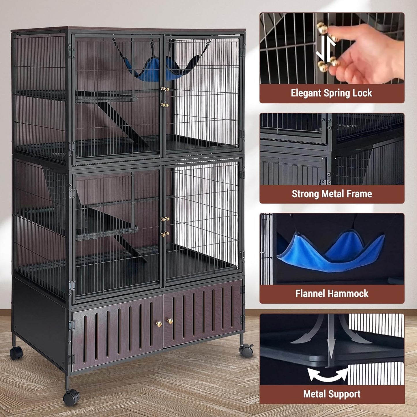 60" Large Metal Ferret Cage, Multi-Level Chinchilla Cages with Lockable Doors,3 Metal Ramps, 4 Wheels, Small Animal Cage with PP Trays & Storage Cabinet for Chinchillas, Ferrets, Guinea Pigs, Rats