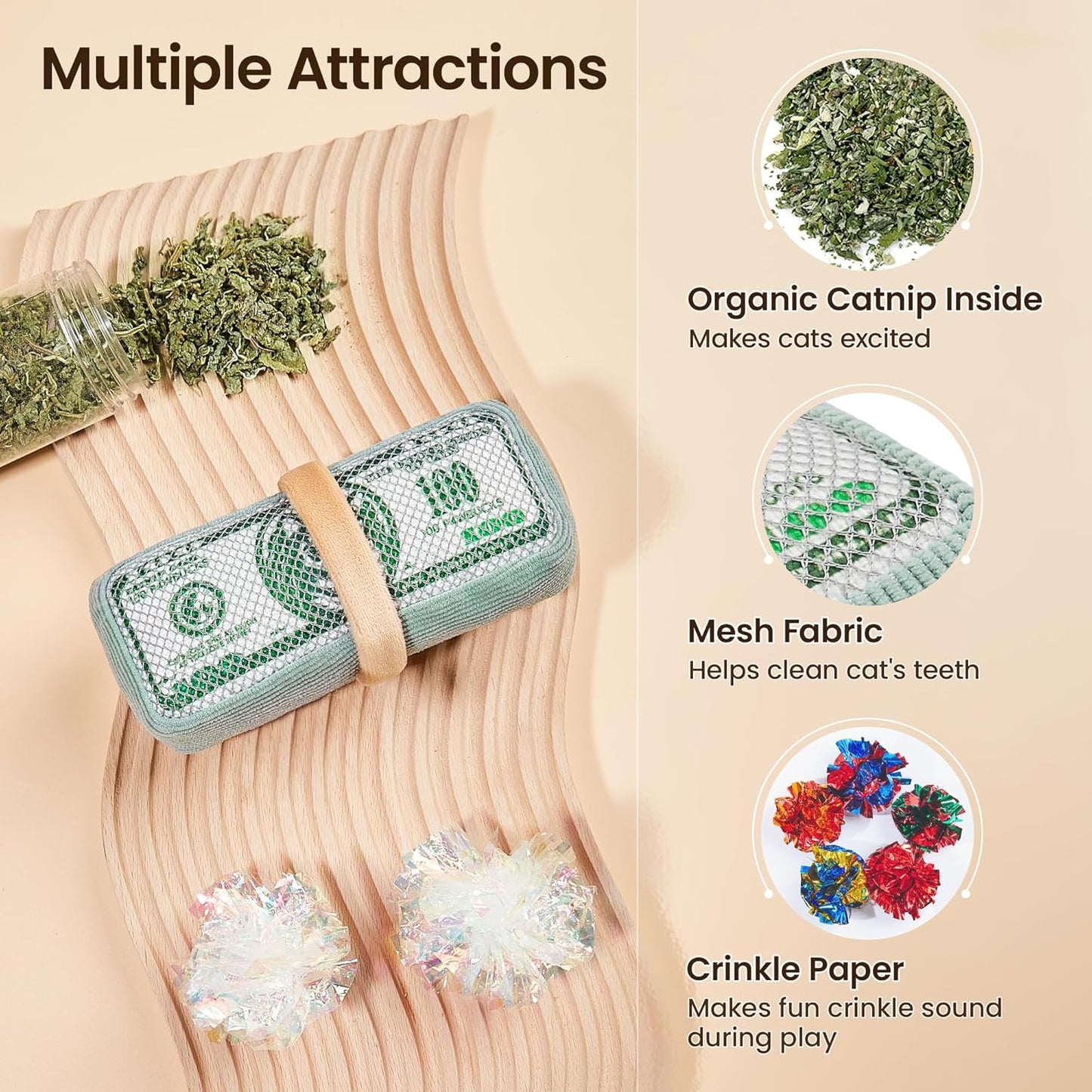 Potaroma Cat Toys US-Dollar Catnip Crinkly Sound Toy, Mesh Fabric for Teeth Cleaning, Interactive Kicker Toys for Indoor Kitten Exercise 6.0 Inches for All Breeds