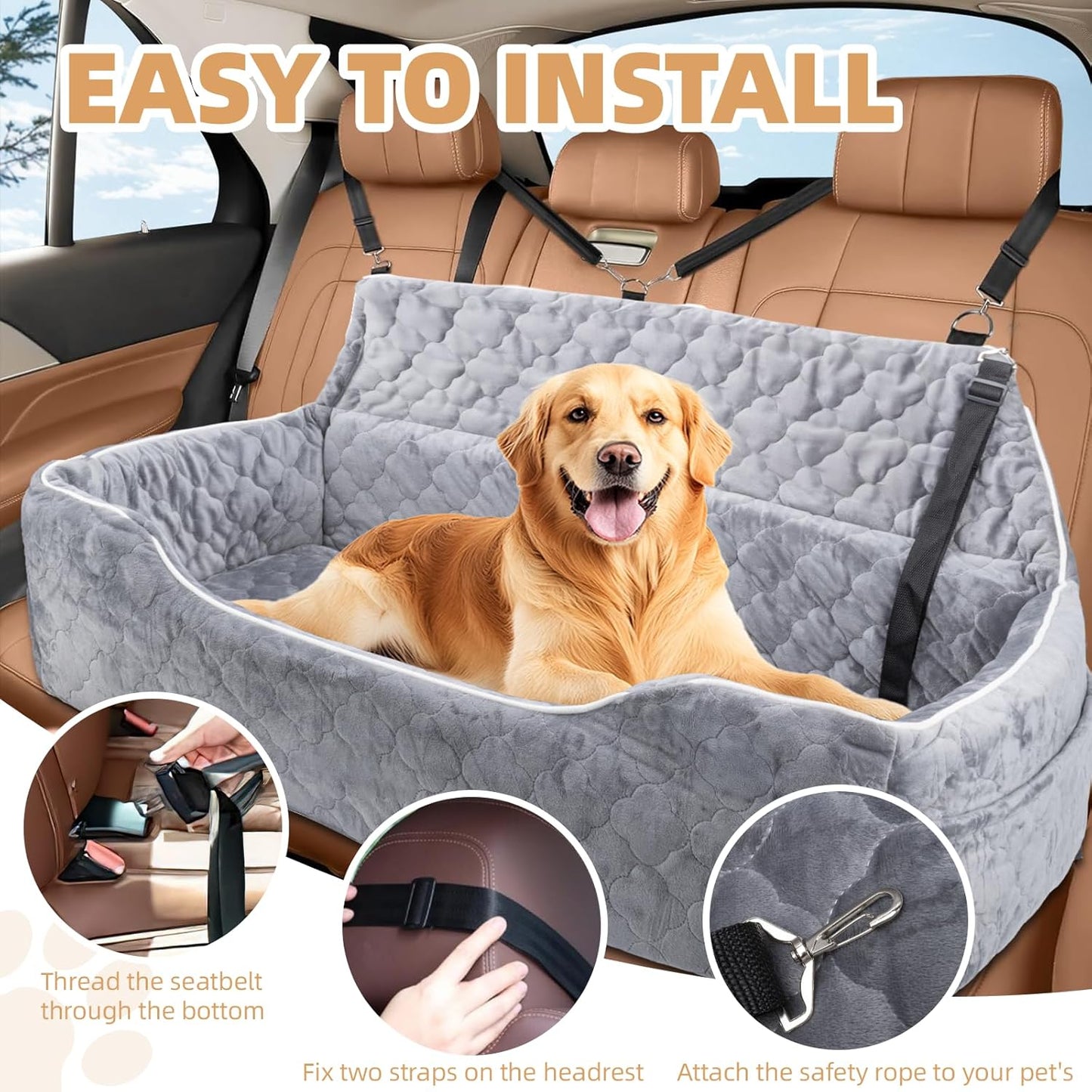 Large Dog Car Seat for 2 Medium Dogs Under 100 lbs, Washable Dog Bed, Detachable Pet Booster with Storage Pockets and Leashes for Back Seat, Fully Detachable and Washable with Thick Cushion