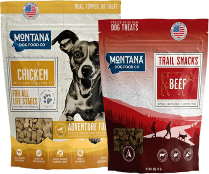 Chicken Dog Food and Beef Dog Treat Adventure Fuel Bundle - 16 oz Freeze-Dried Raw Food with Single Ingredient Training Snacks