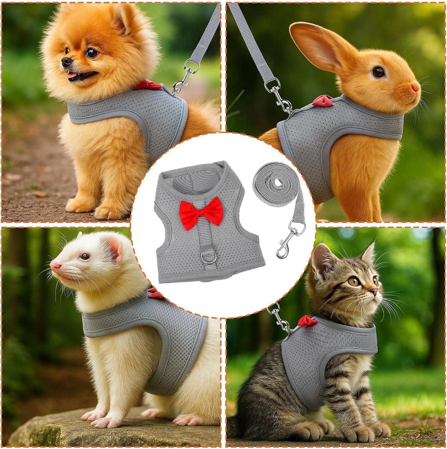 Bunny Harness and Leash Set, Soft Breathable Mesh Rabbit Leash Vest with Safety Buckles, Lightweight Escape-Proof Walking Gear for Rabbits, Kittens, Ferrets, Guinea Pigs, Grey M