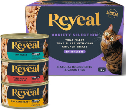 Reveal Natural Wet Canned Cat Food, Limited Ingredient, Grain Free, High Protein with No Artificial Additives, Fish and Chicken Variety in Broth, (12 x 2.47 oz Cans)