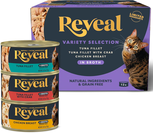 Reveal Natural Wet Canned Cat Food, Limited Ingredient, Grain Free, High Protein with No Artificial Additives, Fish and Chicken Variety in Broth, (12 x 2.47 oz Cans)