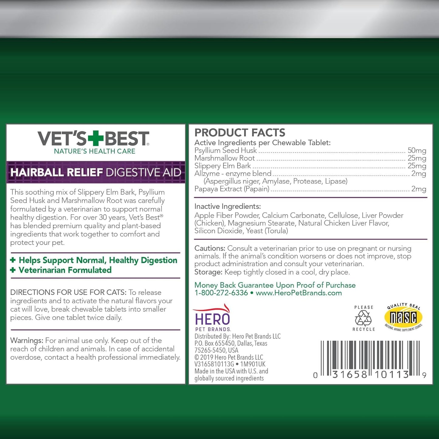 Vet’s Best Cat Hairball Relief Digestive Aid, Vet Formulated Hairball Support Remedy, Hairball Relief for Cats, Classic Chicken Flavor, 180 Chewable Tablets