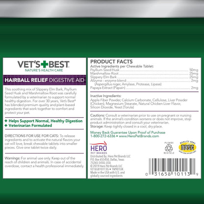 Vet’s Best Cat Hairball Relief Digestive Aid, Vet Formulated Hairball Support Remedy, Hairball Relief for Cats, Classic Chicken Flavor, 180 Chewable Tablets