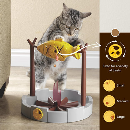 PetPals 11" High Cats Treat-Dispensing Slow Feeder,Pets Dry Food Dispenser,Cats Slow Feeding Snack Bowl, Grilled Fish Spinning Toy, Food Puzzle Cat Toy