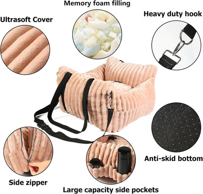 Dog Car Booster Seat, for Small Dogs Under 30 lbs, Detachable Washable Travel Bed with Storage Pockets and Safety Belt (Pink, Medium)