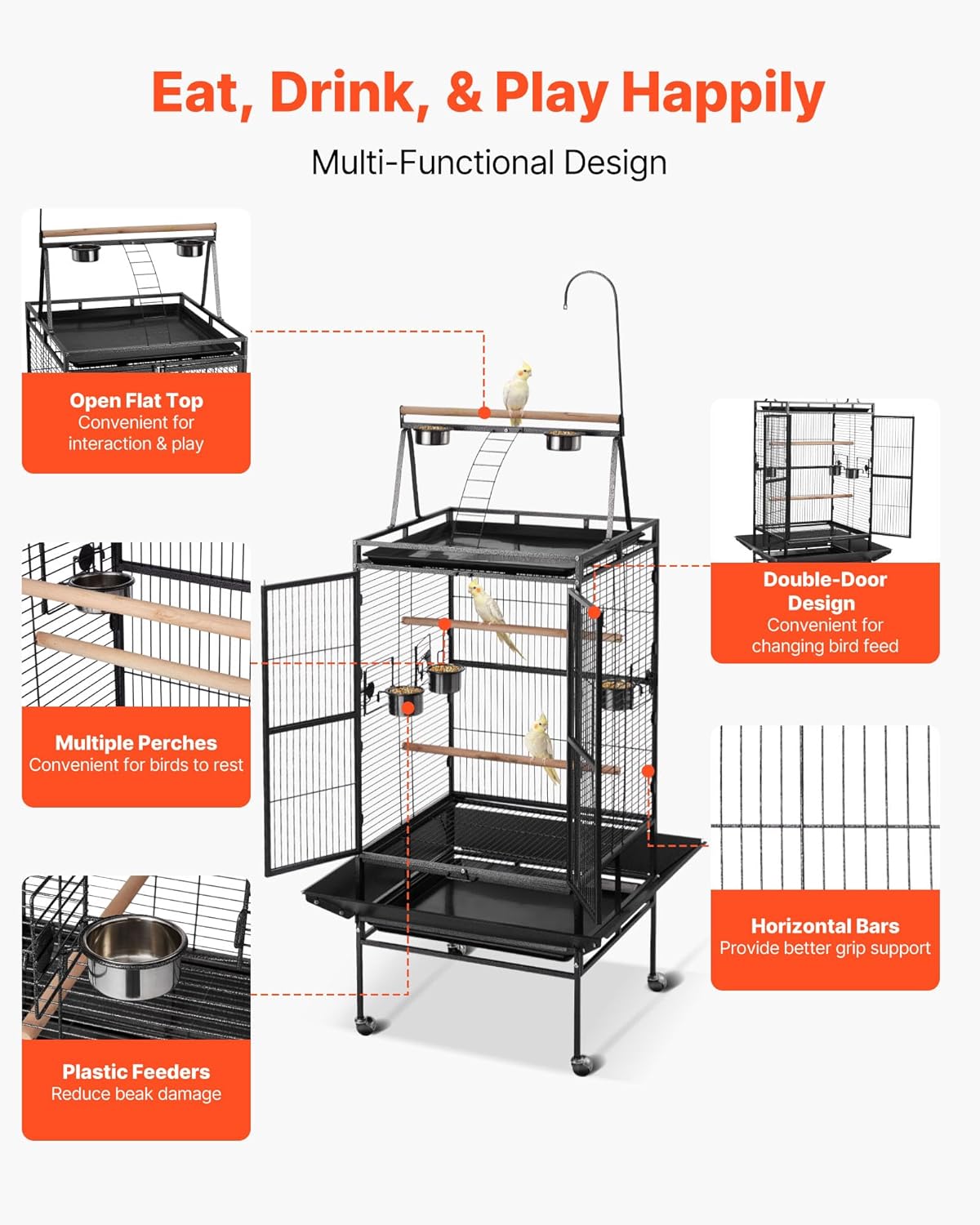 VEVOR Bird Cage, 32.7 x 31.1 x 82.7 inch, Open Flat Top, Wrought Iron Bird Flight Cage with Perches, Slide-Out Tray, Plastic Feeders, for Cockatiel, Monk Parakeet, Amazon Parrot, African Grey Parrot