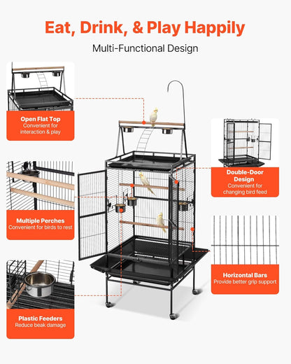 VEVOR Bird Cage, 32.7 x 31.1 x 82.7 inch, Open Flat Top, Wrought Iron Bird Flight Cage with Perches, Slide-Out Tray, Plastic Feeders, for Cockatiel, Monk Parakeet, Amazon Parrot, African Grey Parrot