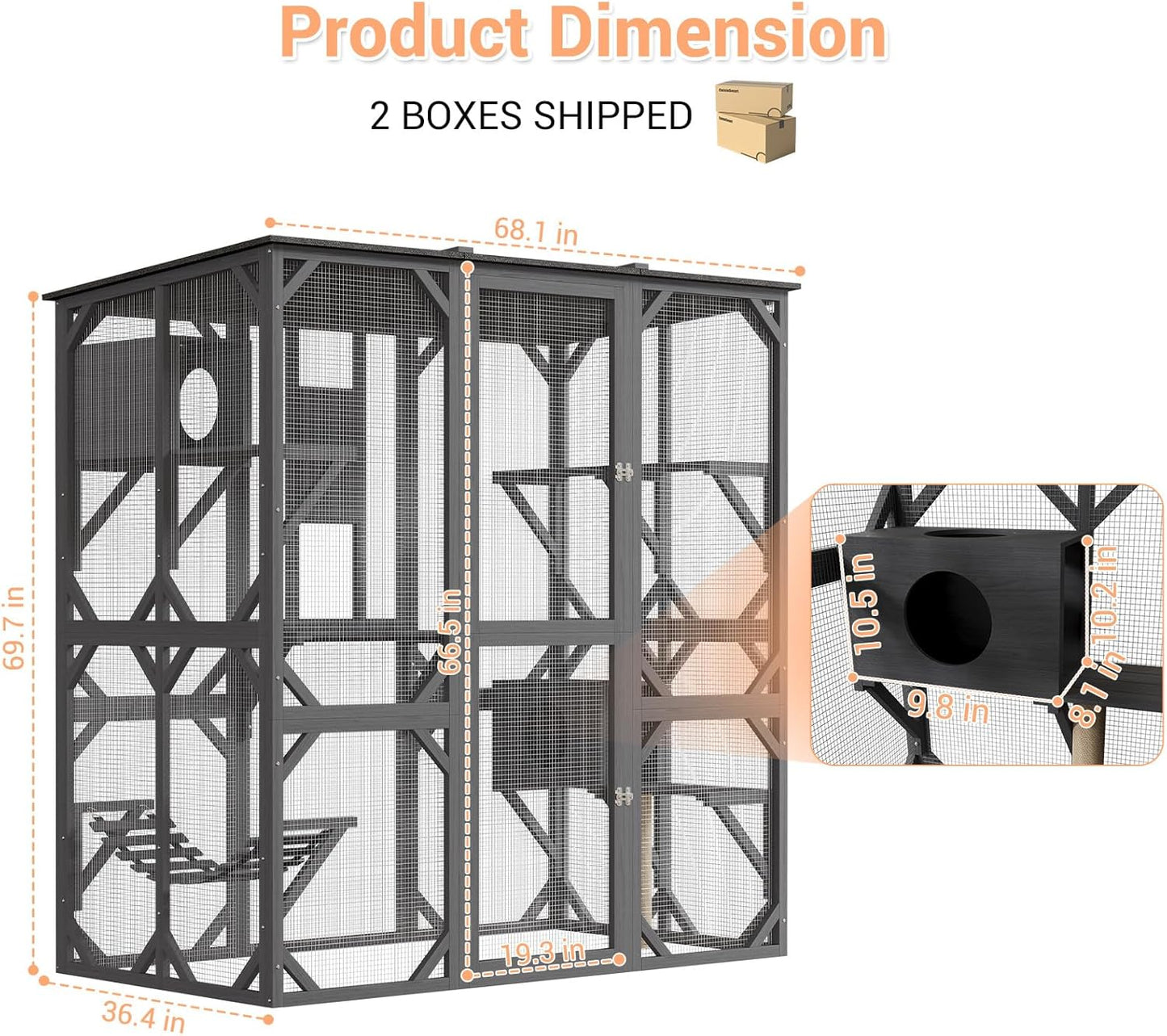 70'' Outdoor Cat Enclosure,Walk-in Catio with 4 Jumping Platforms & 2 Napping Houses,Swing Hammock, Cat House Indoor with Waterproof Roof, Sisal Post,Slide Door,UV Resistant for Indoor Outdoor