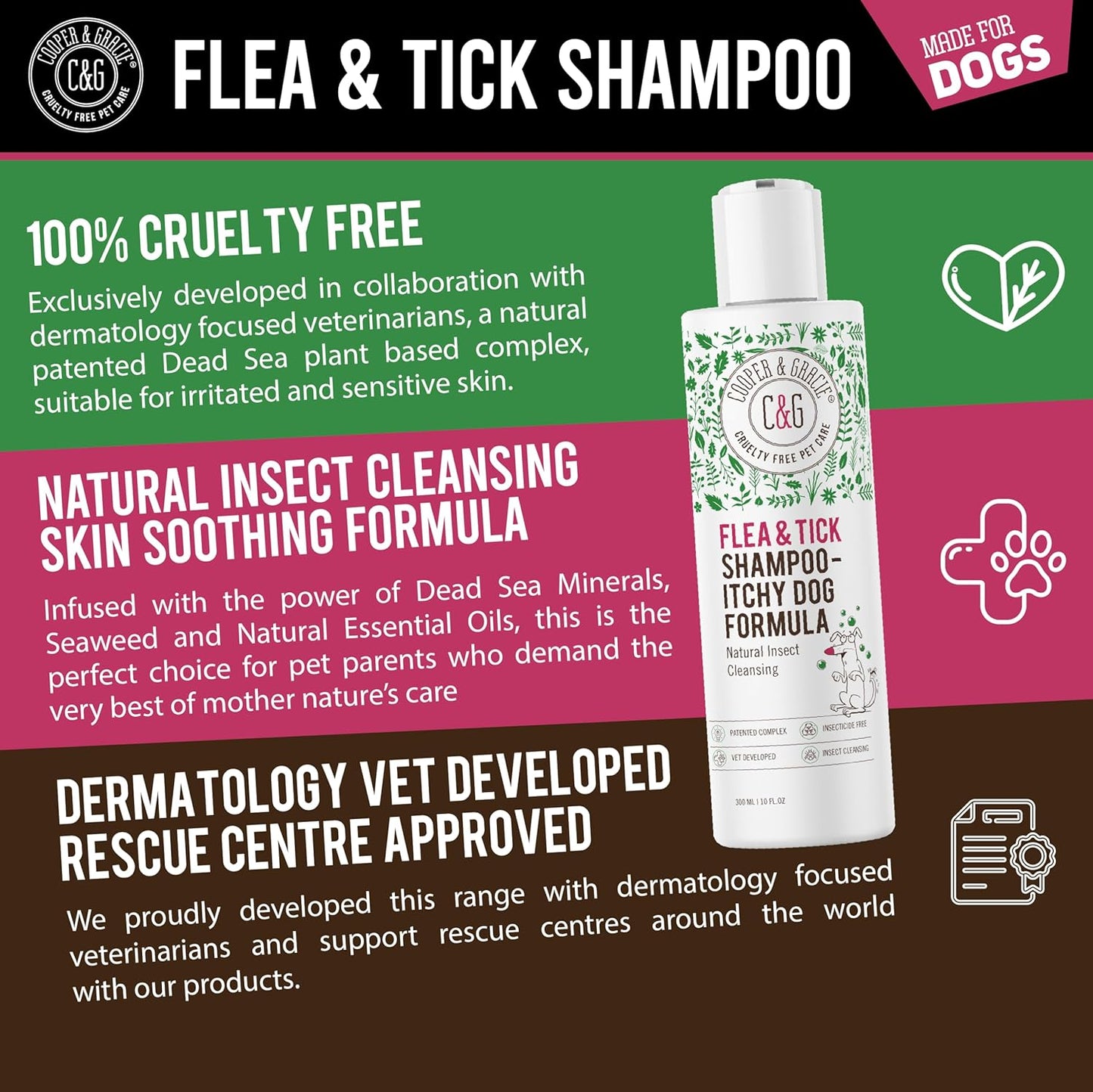 Itchy Dog Flea and Tick Shampoo 300ml – Plant-Based Gentle Dog Shampoo – Flea & Tick Care for Dogs – Cleanses & Freshens Coat – for Sensitive Skin – by C&G Pets