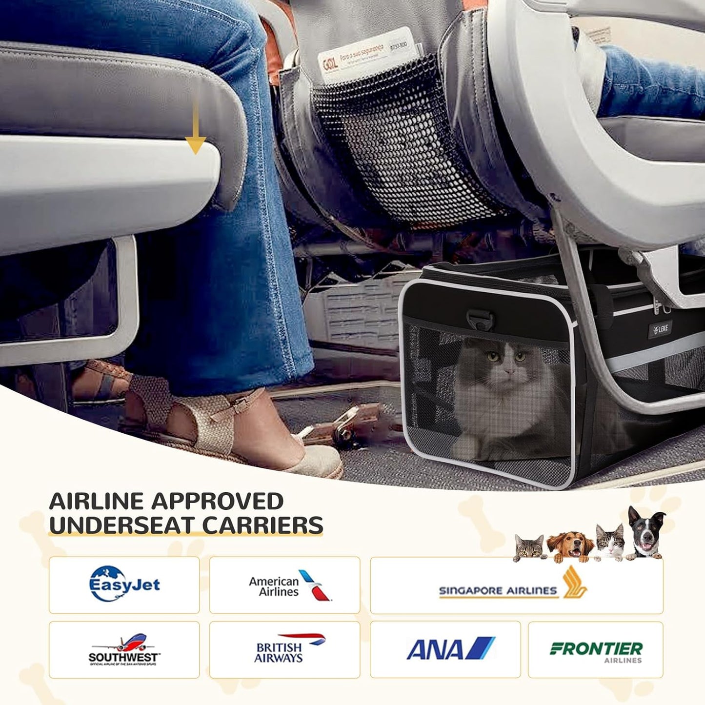 Lekereise Top-Expandable Pet Carrier with Dog Collar Light LED - TSA Airline Approved Soft Sided Underseat Up to 15lbs Travel Carriers for Small Cats and Dogs Black