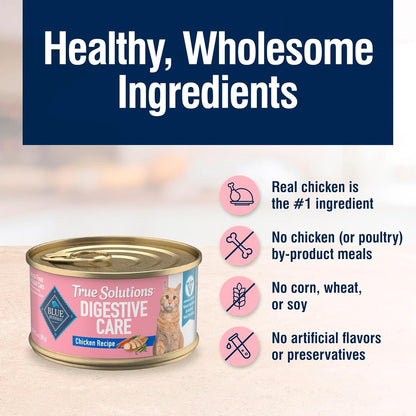 Blue Buffalo True Solutions Digestive Care Wet Cat Food for Adult Cats, Made with Natural Ingredients, Chicken, 3-oz. Cans (24 Count)