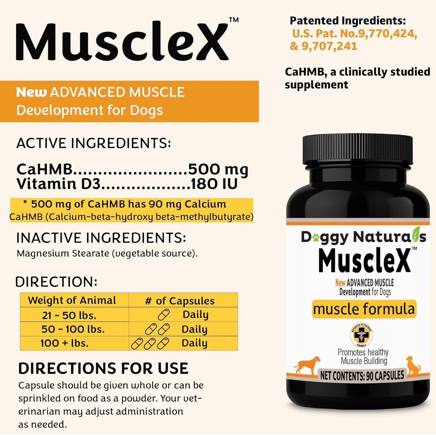 MuscleX™ Canine Muscle Formula Dogs with CaHMB 500 mg and Vitamin D3 - Natural Muscl Building Formula - Helps Reduce Muscle Loss Due to Normal Aging and Improves Recovery from Injury (270 Capsules)