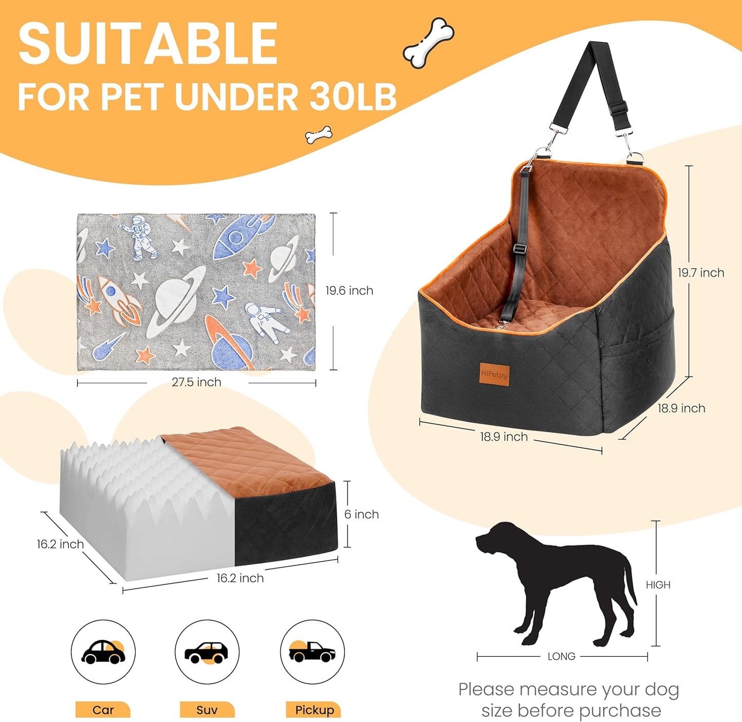 Dog Car Seat for Small Dog with Washable Mat, Memory Foam Booster Seat for Dogs Under 30lb, Elevated Pet Seat with Pockets, Anti-Slip Bed for Car, Perfect for Front & Back Seats with Safety Leash