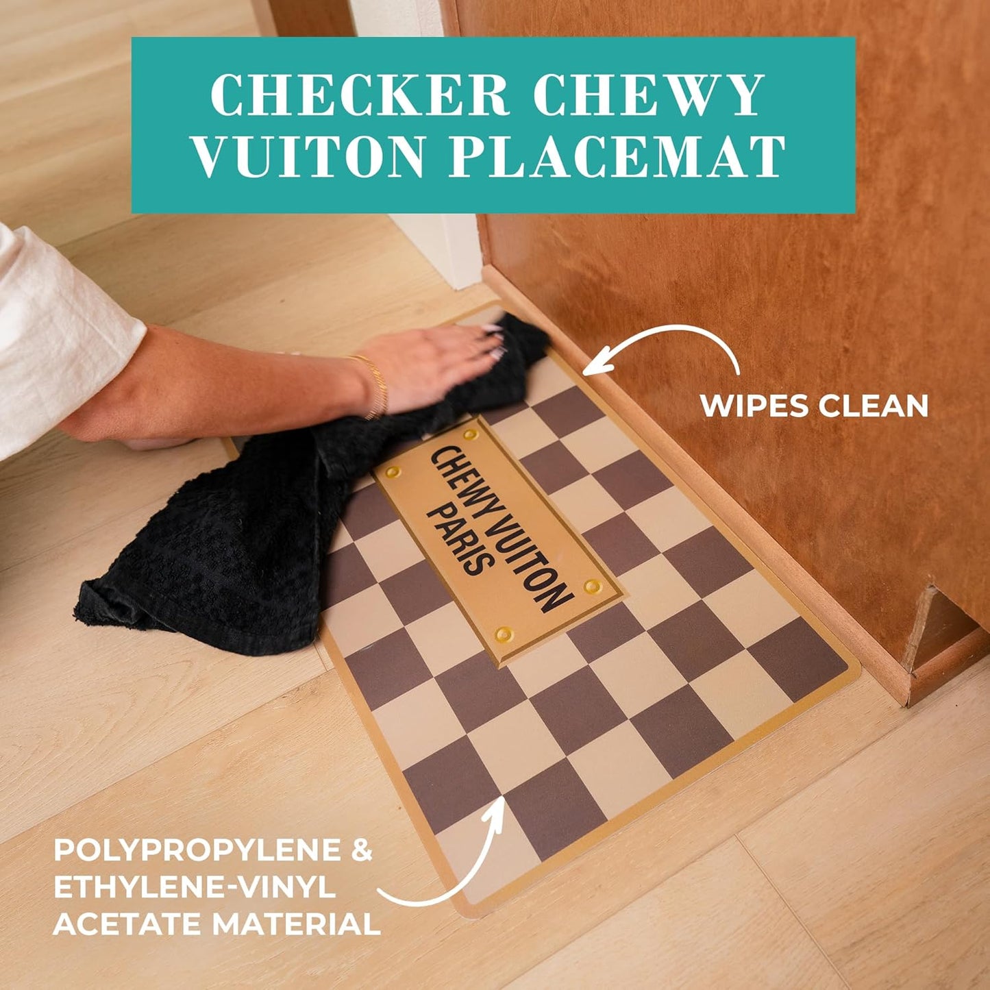 Haute Diggity Dog Checker Chewy Vuiton Dog Bowl & Placemat, BPA-Free Food & Water Bowls, Non-Skid, Dishwasher Safe, Includes Food Mat, Medium Size, Case of 2.