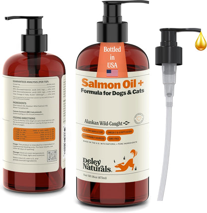 Deley Naturals Wild Alaskan Salmon Oil for Dogs - New & Improved Salmon Oil Plus Formula - Fish Oil for Dogs with DHA EPA Omega 3 & 6 Fatty Acids - Omega 3 Fish Oil for Skin & Coat - 16oz Made in USA