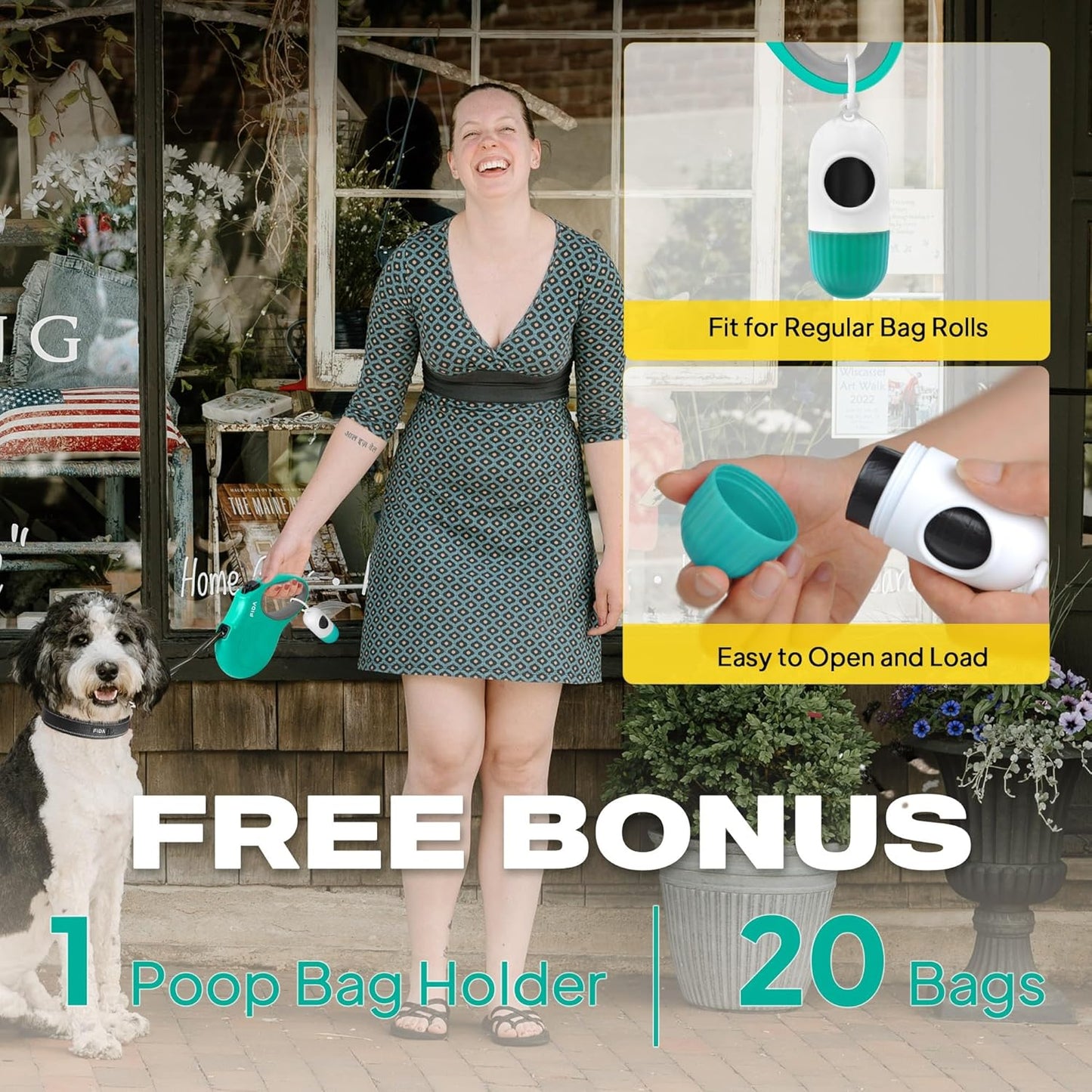 Fida Retractable Dog Leash with Dispenser and Poop Bags, 10 ft Pet Walking Leash for X-Small Dog or Cat up to 18 lbs, Anti-Slip Handle, Tangle Free, Reflective Nylon Tape (XS, Teel)