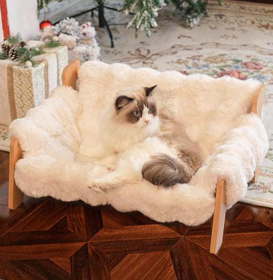 CHEERHOME PETS Elevated Cat Couch Bed for Indoor Cats, Wooden Cat Sofa with Removable Washable Fluffy Cover Raised Kitty Lounge Chair Suitable for Puppy(Cat Sofa Off-White)