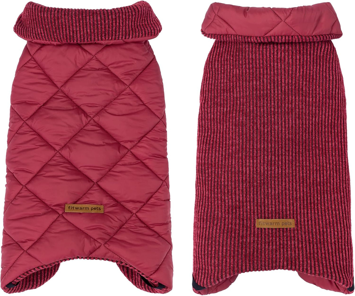 Fitwarm Reversible Quilted Dog Coat, Cozy Winter Clothes for Small Dogs Boy Girl, Windproof Thermal Pet Jacket, Red, Burgundy, XL