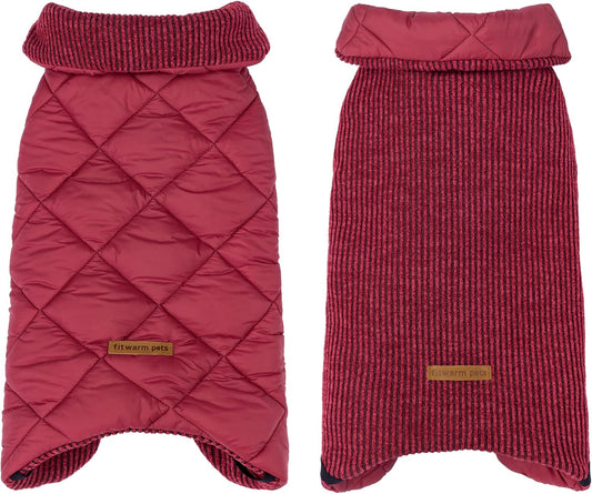 Fitwarm Reversible Quilted Dog Coat, Cozy Winter Clothes for Small Dogs Boy Girl, Windproof Thermal Pet Jacket, Red, Burgundy, XL