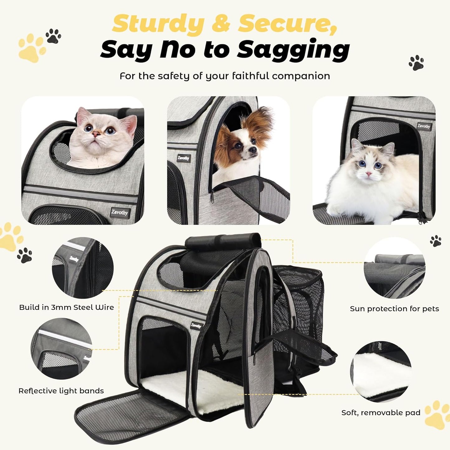 Zavothy Expandable Pet Backpack Carrier for Small Cats & Dogs, Airline Approved Travel Bag with Mesh Windows, Expandable Space, Padded Bottom, Foldable Design (Black/Grey)