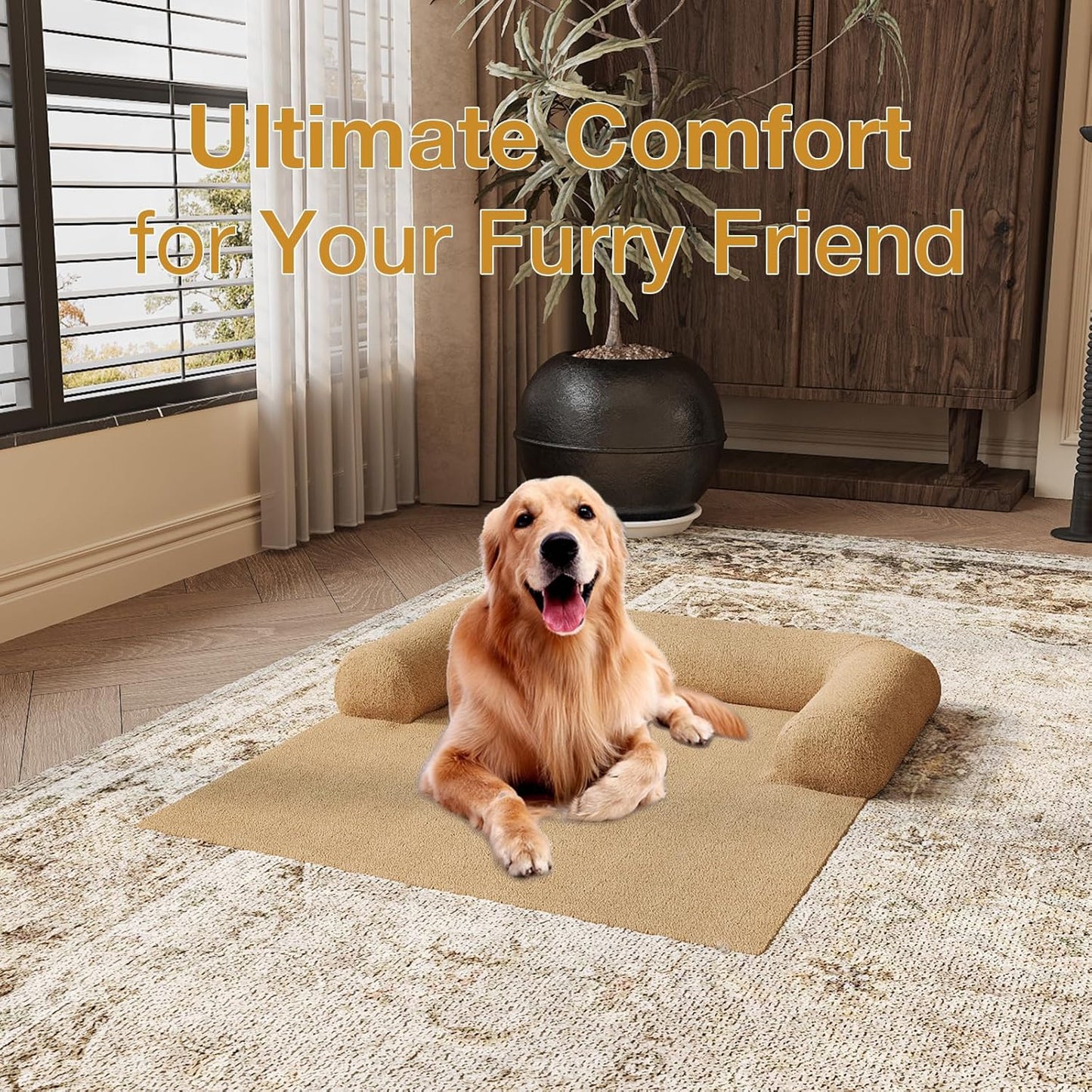 Orthopedic Dog Bed for Large Dogs, Washable Sofa Protector Pet Bed with 3-Sided Bolster, Shredded Memory Foam & Plush Support, Non-Slip Bottom for Medium & Small Dogs