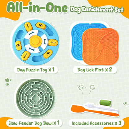 KIPRITII Well-Rounded Dog Enrichment Toys Set – Keeps Dogs Busy with Mental Stimulation & Slow Feeding, Includes Dog Lick Mat, Puzzle Toy & Slow Feeder Bowl for Boredom Relief