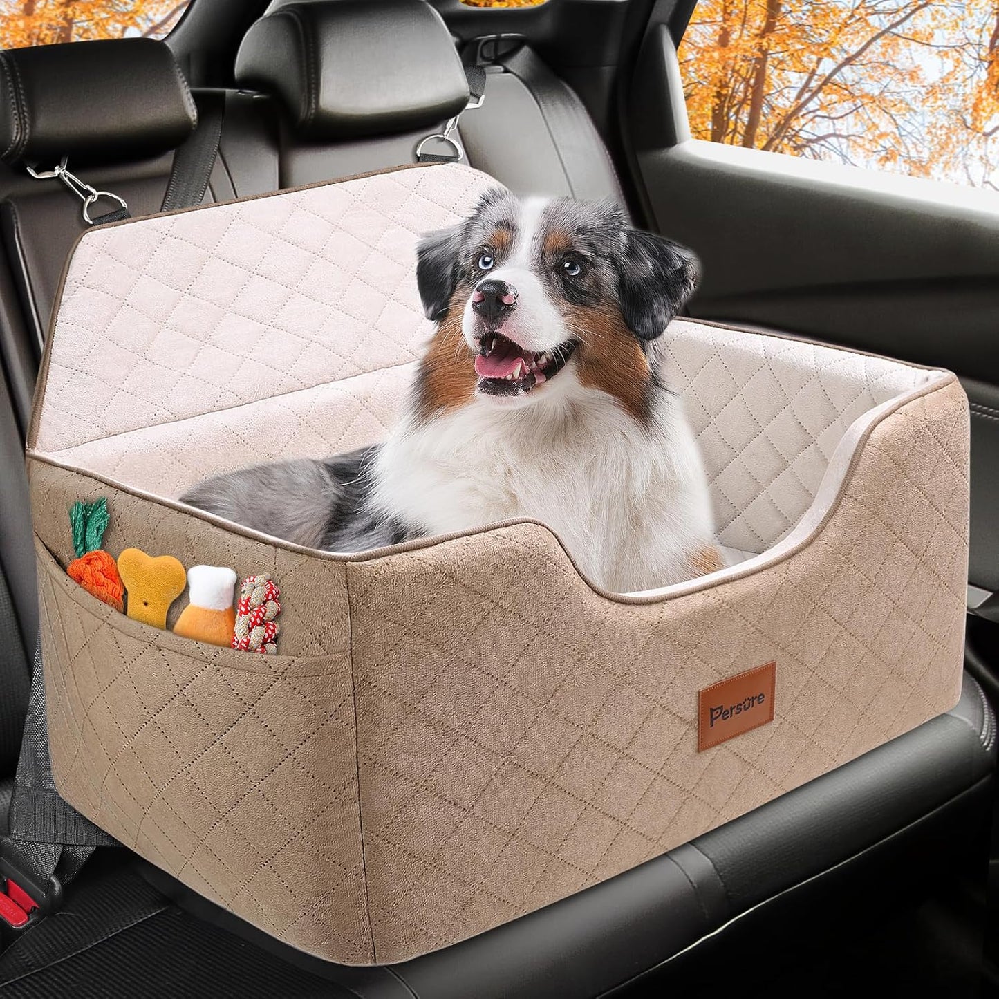 Dog Car Seat,Dog Booster Seats Medium Large Sized Washable Pet Travel with Thick Cushion Travel Dogs Bed for Under 55 lbs or 2 Small Dogs,Safely and Securely (Coffee, Rear seat)