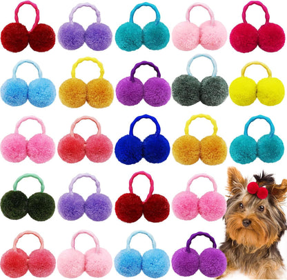 50pcs Dog Hair Puff Ball Bows, Pet Small Dog Hair Round Bows with Rubber Bands, Mix Multiple Colour Handmade Pet Puppy Dog Grooming Puff Bows for Yorkie Dog Cat Girl Hair Accessories
