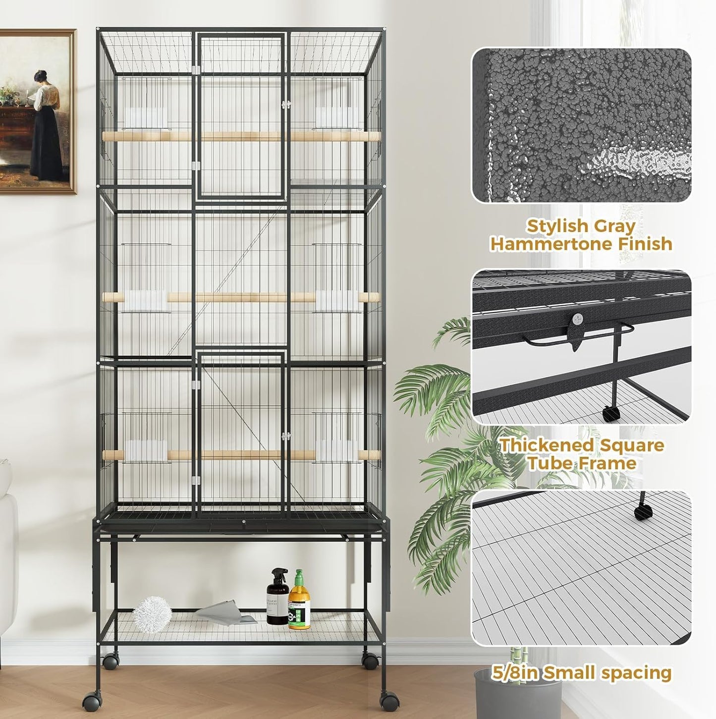 69-Inch Large Bird Cages with Storage Shelf, Feed Bowls – Rolling Parrot Cage for Macaws, Cockatiels, Conures, Parakeets, Budgies & Finches