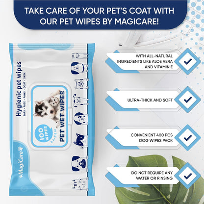 MAGICARE Pet Wipes – 400 pcs Dog Wipes – 8x8 Inch Unscented Dog Paw Cleaner Wipes for Body, Ears, Face, and Skin – Ultra Thick & Soft with Hypoallergenic Formula – Ideal Pet Wipes for Dogs & Cats