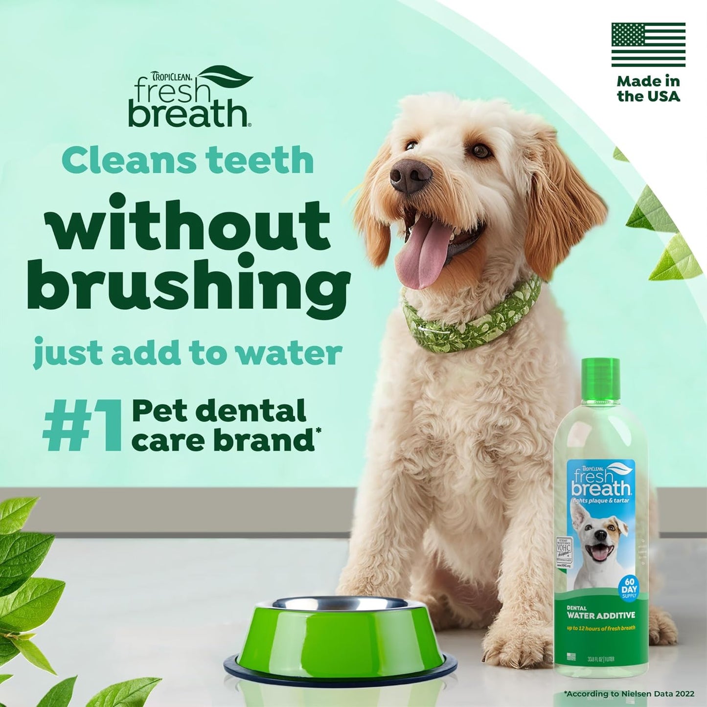 TropiClean Fresh Breath Water Additive for Dogs, Dog Breath Freshener and Teeth Cleaning Solution, No Toothpaste or Toothbrush Required, 33.8oz.