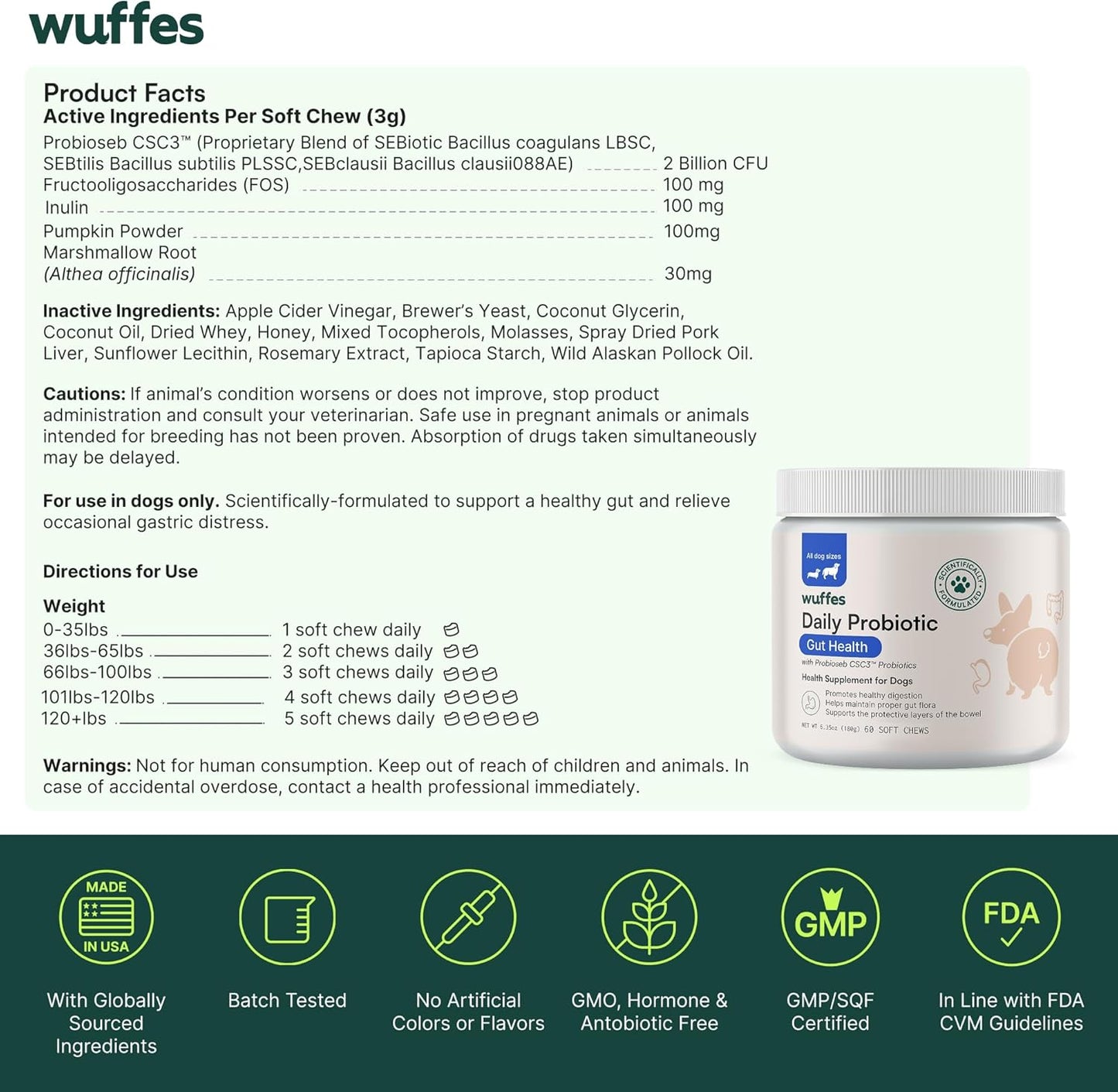 Wuffes Daily Probiotic for Dogs - Supports Digestive Health, Gut Balance, and Immune System - with Prebiotics, Marshmallow Root, and Pumpkin Powder - 60 Soft Chews