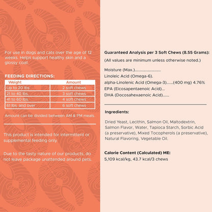 Salmon Oil for Dogs - Soft Chew Omega Treats for Skin and Coat - Fish Oil Blend of Essential Fatty Acids, Omega 3 and 6, Vitamins, Antioxidants and Minerals - Made in USA (180 Chews, Salmon)