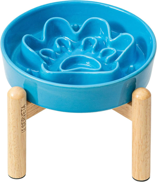 Ceramic Slow Feeder Dog Bowls, Raised, 3 Cups Elevated Slow Feeder with Wooden Stand for Medium Large Breed, Puzzle Dog Food Bowl (Blue)