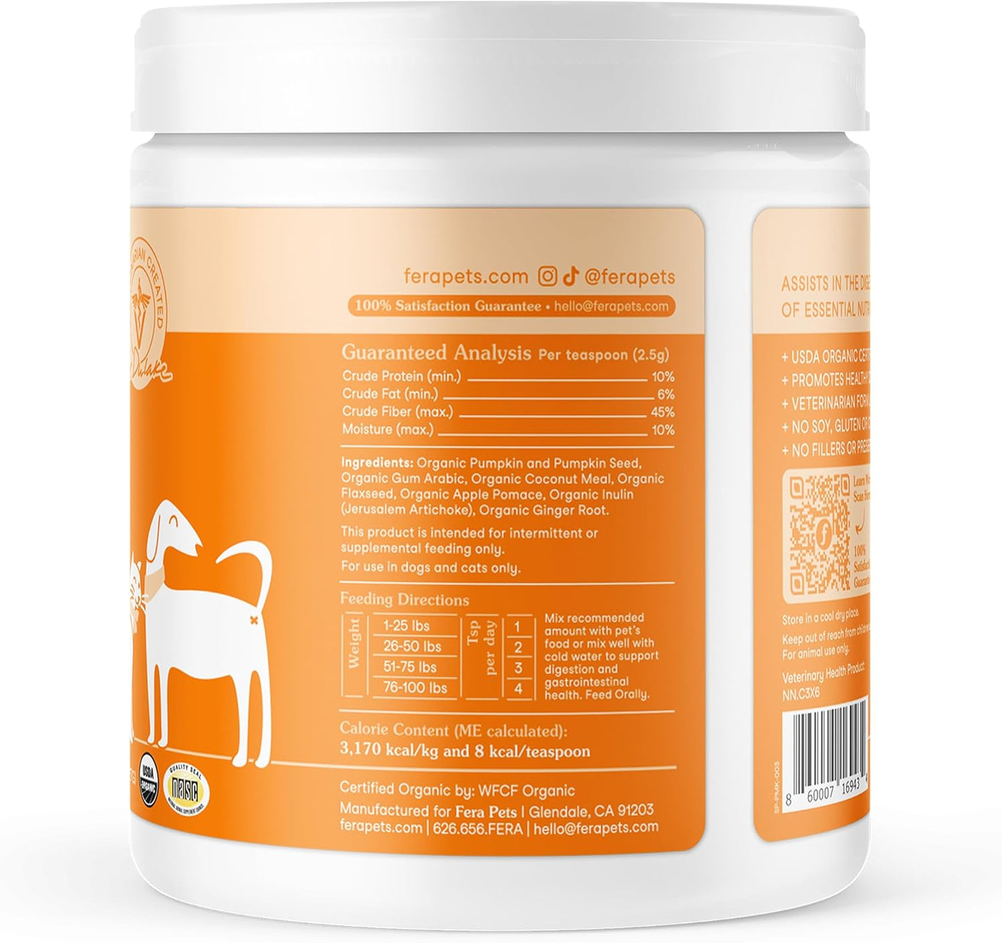 Fera Pets Cat & Dog Pumpkin Plus - Fiber Supplement - USDA Organic - Supports Gut & Digestive Health - Promotes Regularity - 7 Sources of Fiber - 90 Scoops